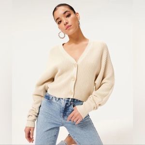 Good American Cream Ribbed Cardigan